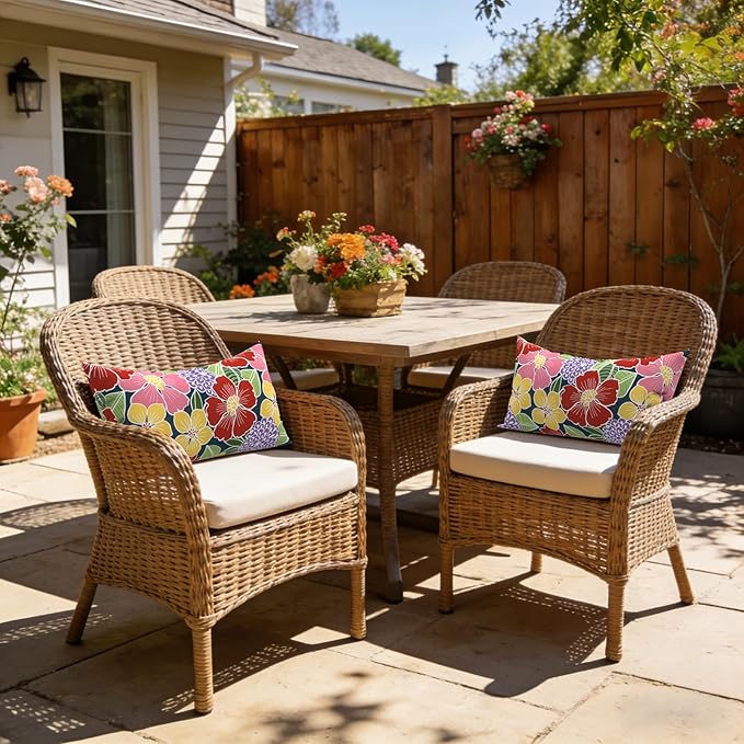 LVTXIII Set of 2 Patio Lumbar Pillows, 12" x 20" Fade Resistant Outdoor Lumbar Pillow with Inners, Fluffy Decorative Garden Lumbar Cushions for Home Patio Coach Sofa Use, Flower Bloom