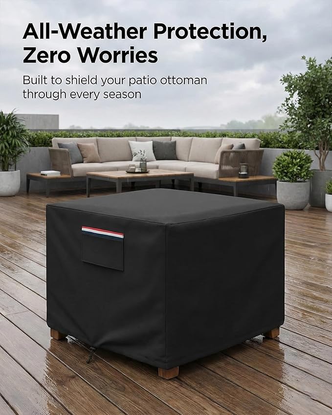 Square Waterproof Patio Ottoman Cover, 600D Heavy Duty Outdoor Furniture Cover with Windproof Buckles Air Vents, All-Weather Protector for Patio Ottoman or Outdoor Side Table 22 x 22 x 18 Inch, Black