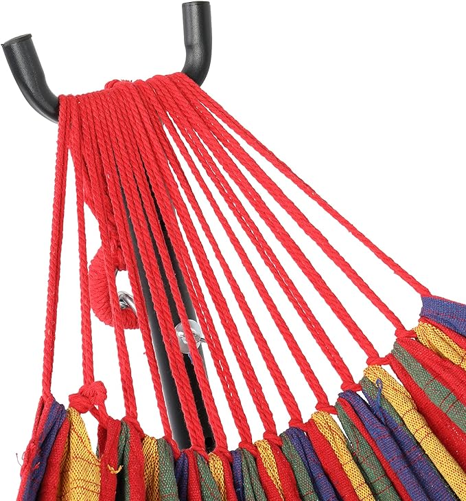 Cotton Hammock with Space Saving Steel Stand,9ft Black Steel Pipe Hammock Frame with 200 * 150cm Polyester Cotton Hammock Iron Hammock Set (Red Stripe A)