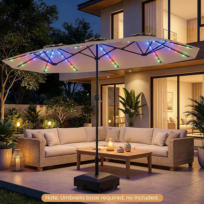 Tangkula 13 Ft Solar Patio Umbrella, Double-Sided Extra Large Outdoor Market Table Umbrella with Multi-Colored Flowing LED Lights, Crank Handle, 12 Sturdy Ribs for Poolside, Garden & Backyard (Tan)