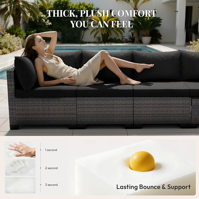 WWR Patio Furniture Set - All-Weather,Water-Resistant - 7 Piece Patio Wicker Rattan Sectional Sofa, Modular Outdoor Conversation Set for Backyard, Garden, Poolside, Balcony, Brown/Black