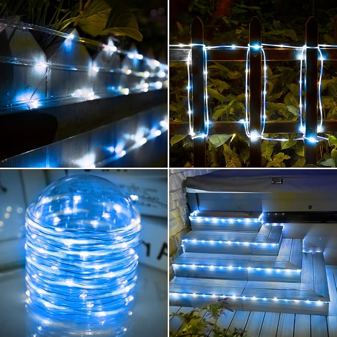 Jnaurb Solar Rope Lights, 66ft 200LED Solar String Lights, 8 Modes Waterproof Solar Outdoor Light, Flexible Clear Trampoline Light for Garden Backyard Patio Deck Porch Pool Tree Decor - White & Blue