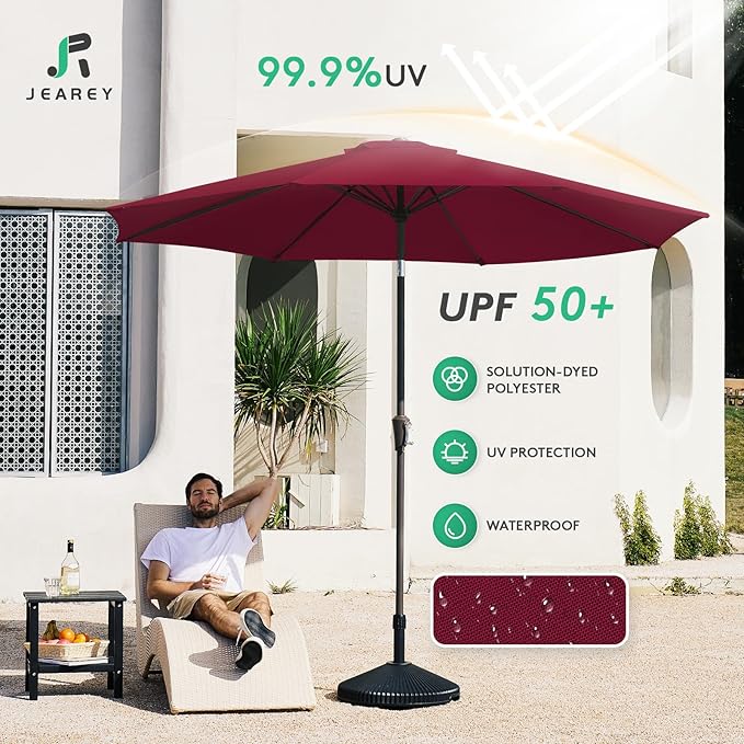 JEAREY 10FT Outdoor Patio Umbrella Outdoor Table Umbrella with Push Button Tilt and Crank, Market Umbrella 8 Sturdy Ribs UV Protection Waterproof for Pool, Garden (Dark Red)
