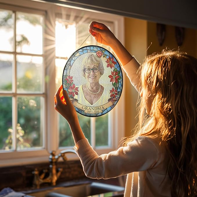 Personalized Memorial Photo Suncatcher – “Forever in Our Hearts” Christmas Ornament – in Loving Memory Gift for Mom or Grandma from Family – Custom Remembrance Window Keepsake
