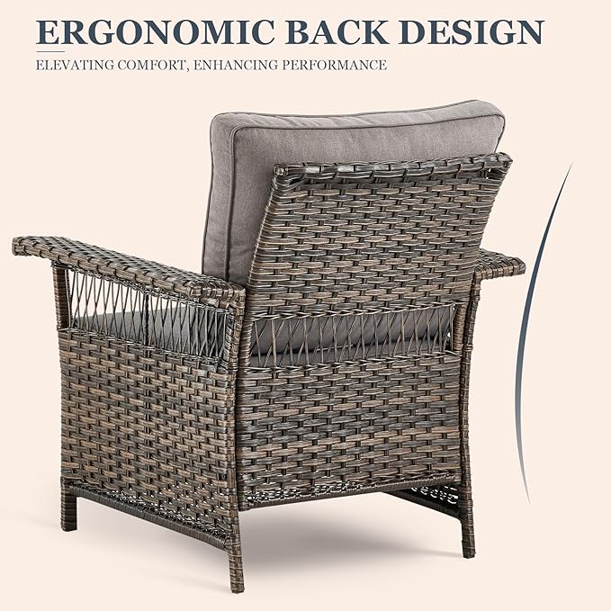 Patio Furniture Set - 2 Wicker Chairs with 2 Rattan Ottomans, 1 Wicker Side Table, Grey Cushions - 5pc Conversation Set for Garden, Balcony, Backyard