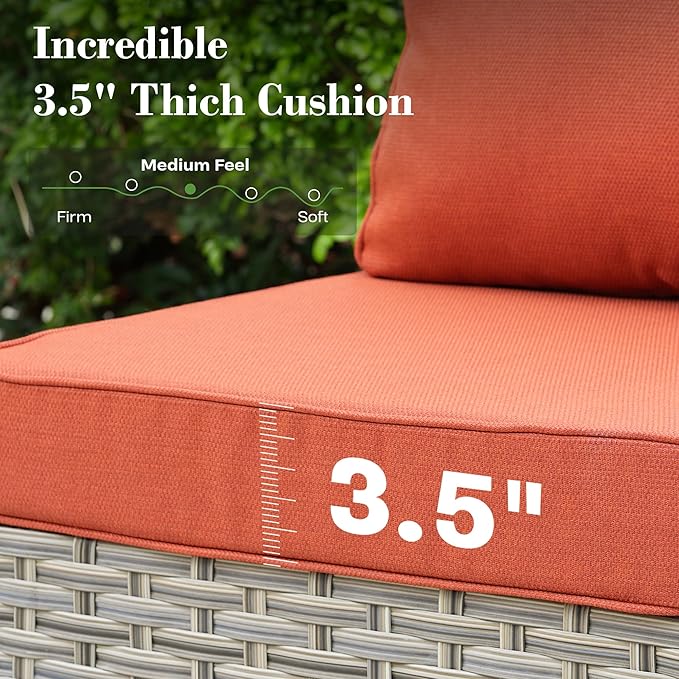 6 Pcs Patio Furniture with Fire Pit Table, Outdoor Rattan Wicker Conversation Set with Glowing Coffee Table, Comfy Sectional Sofa for Porch Balcony Backyard Pool, Orange