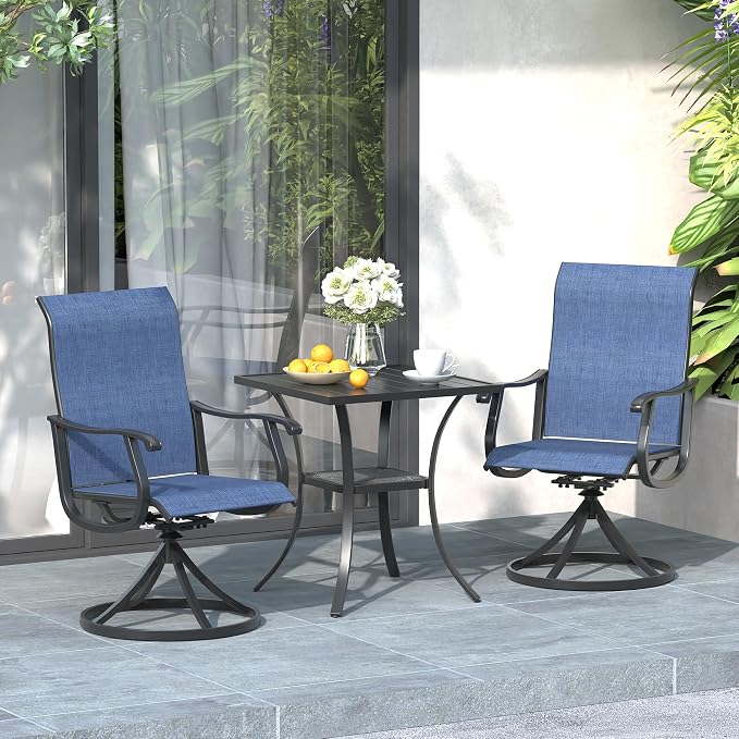 3 Pieces Patio Furniture Dining Set, 2 Textilene Swivel Dining Chairs, 28" Outdoor Square Metal Table with Storage Shelf, Outdoor Dining Set for Porch, Lawn, Garden, Black/Blue