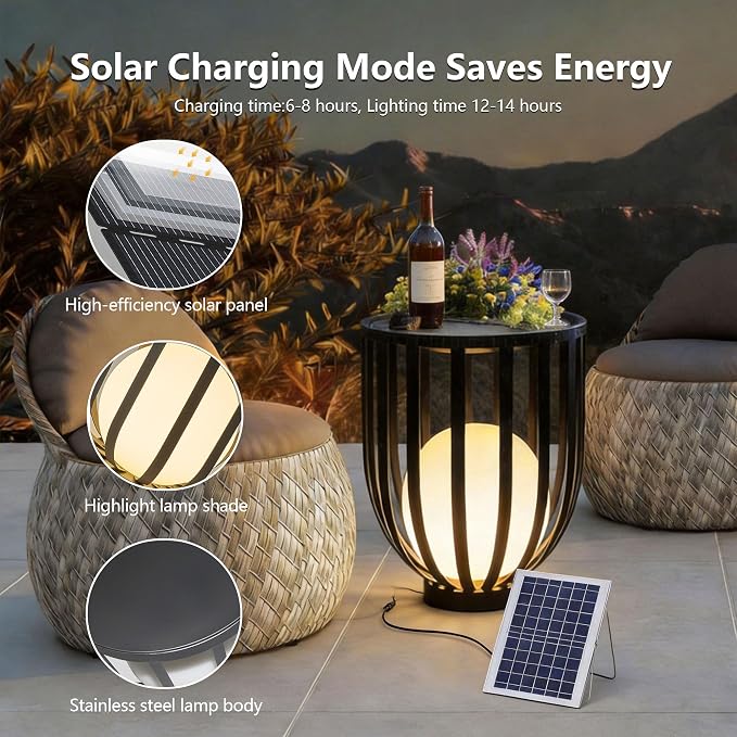 Outdoor Solar Side Table, Built-in LED Ball Light,Remote Control and Portable Solar Panels,Suitable for Outdoor Spaces Such as courtyards and Gardens