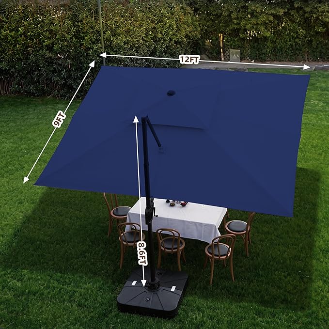 9 X 12 FT Cantilever Outdoor Patio Umbrella with Base Included Large Heavy Duty 360° Rotation Double Top Offset Rectangular Umbrellas with LED Lights for Backyard Outside Deck, Navy