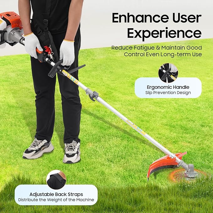 52CC Gas Weed Wacker, 2-Stroke String Trimmer/Edger Single Cylinder Air Cooled Engine Multi Purpose Gas Powered Weed Trimmer with Straight Shaft Lawnmower Strings for Home Lawn Tea Garden