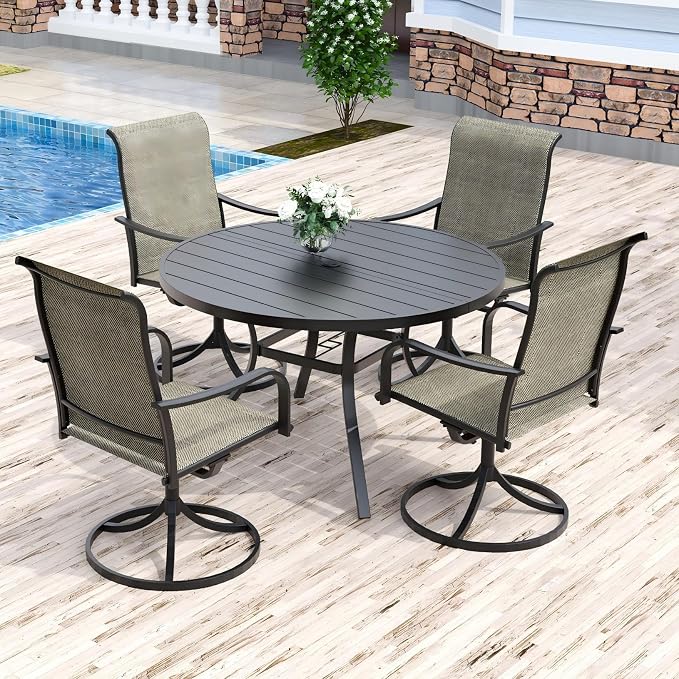 Anmutig 5 Pieces Outdoor Patio Dining Set, 48" Round Outdoor Dining Table with Umbrella Hole & 4 Swivel Textilene Dining Chairs for Backyard Bistro Outdoor Furniture Set Tan Grey