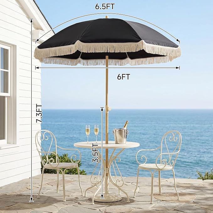 6.5FT Boho Patio Umberlla with Fringe,UPF50+ Outdoor Umbrella with Fiberglass Ribs and Push Button Tilt,Tassels Umbrella for Beach,Terrace,Picnic
