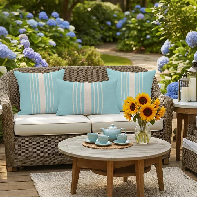 Aqua Beige Striped Outdoor Pillow Covers 24x24 Inch Throw Pillow Covers Set of 2 Waterproof Decorative Pillow Cases Modern Farmhouse Retro Lines Cushion Covers for Patio Furniture Garden Couch Sofa