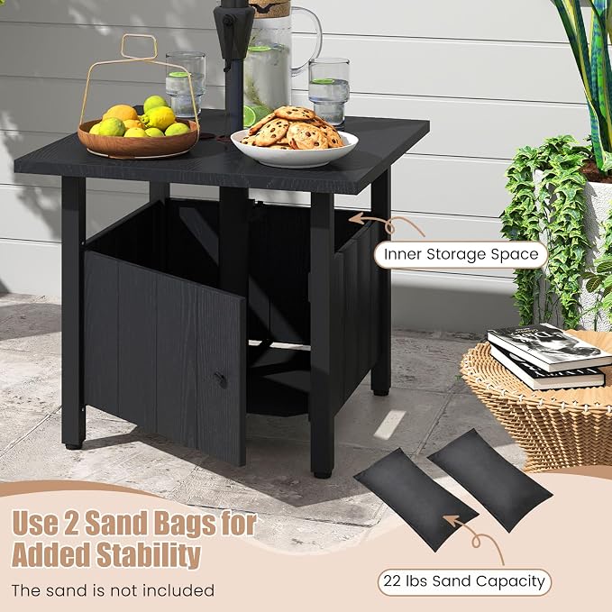 Tangkula Outdoor Table with Hole, Patio Umbrella Table with 2 Sand Bags, 1.89" Umbrella Hole, Metal Frame, Outdoor Side Table for Garden, Deck and Poolside (Set of 2)