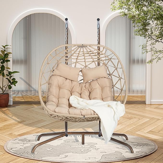 Double Egg Chair with Stand Outdoor Hanging Egg Swing Chair,Wicker Rattan Egg Chair Indoor Loveseat Chair with Cushion 500 lbs Capacity for Bedroom Balcony Patio (Cream+Beige)