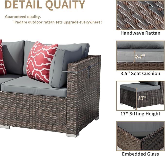 3 Piece Patio Furniture Set, Outdoor Wicker Patio Sofa Set, PE Rattan Sectional Couch with Glass Table and Grey Cushions, All-Weather 3 Piece Outdoor Patio Furniture Sets, Brown