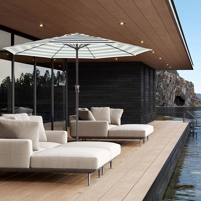 JEAREY 11' Patio Umbrellas Outdoor Table Market Umbrella w/Crank, 8 Sturdy Ribs, UV Protection Windproof for Garden, Deck, Backyard, Pool(Beige & Black Striped)