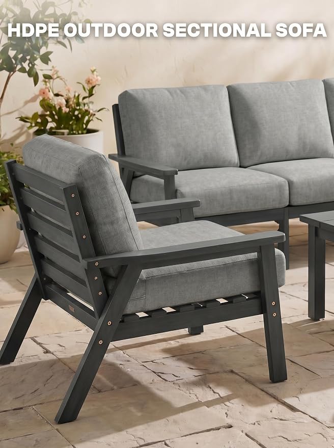 AreShark 3-Piece HDPE Patio Conversation Set, All Weather Outdoor Couch Set with Thick Cushions, Outdoor Sectional Outdoor Sofa Set for Lawn, Deck, Backyard, Grey & Grey