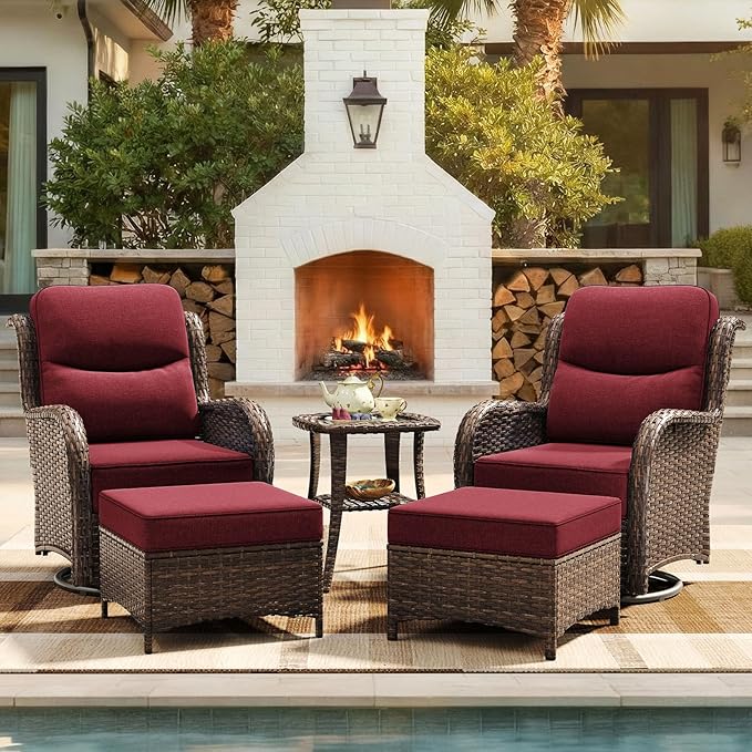 HILLGA Luxury Patio Furniture Set with 6-inch Thick Cushion, Outdoor High Back Swivel Rocker Patio Chairs, 5PCS Wicker Conversation Set for Deck Yard and Poolside, Burgundy (V2)
