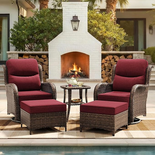 HILLGA Luxury Patio Furniture Set with 6-inch Thick Cushion, Outdoor High Back Swivel Rocker Patio Chairs, 5PCS Wicker Conversation Set for Deck Yard and Poolside, Burgundy (V2)