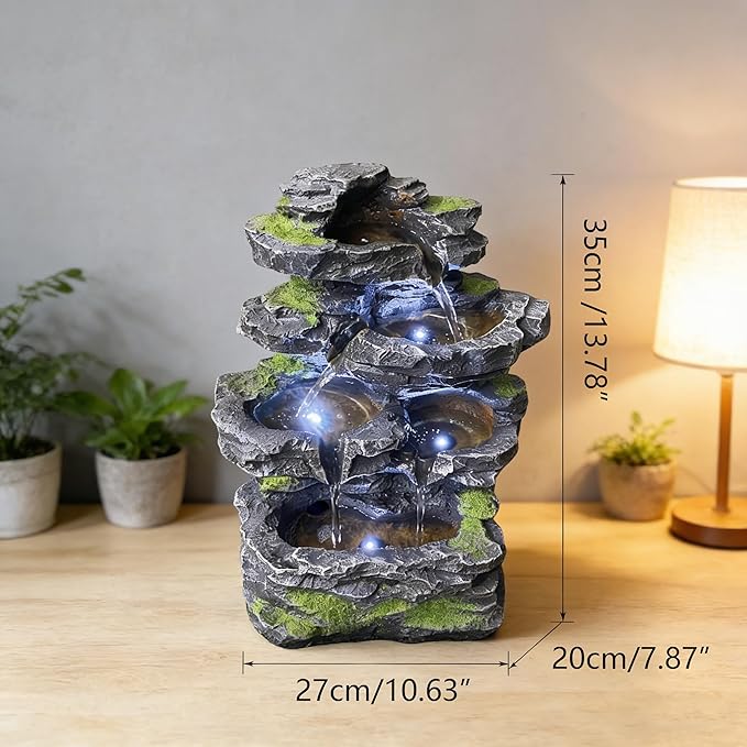 Waterfall 5-Tier Cascading Rock Water Fountain with LED Lights and Pump, Modern Resin Fountain Indoor Decor for Garden, Patio, Backyard, Porch and Home Art Decor (14" H)