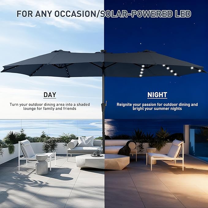 15 ft Patio Umbrella with 48 LED Lights, Large Rectangle Outdoor Solar Umbrella with Matching Base, Strap, Crank, Navy Blue
