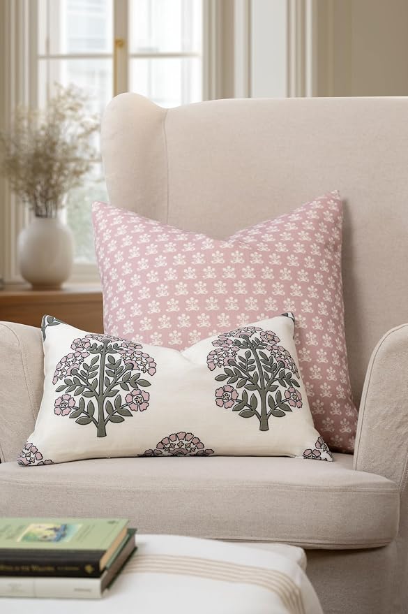 Crumbs Home Modern Farmhouse California Casual Indoor Outdoor Lumbar Pillow Cover, 12"x20" Water Repellent for Patio, Backyard, Couch, Green Dark Rose Block Print Hydrangea Flowers