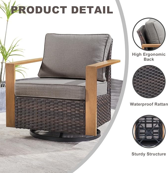 Rilyson Outdoor Wicker Patio Furniture Set - 5 Piece Patio Conversation Set with 2 Wicker Swivel Rocker Chairs,2 Ottoman, 1 Side Table, Thick Cushions, Deep Seating, Wide Armrest(Brown/Grey)