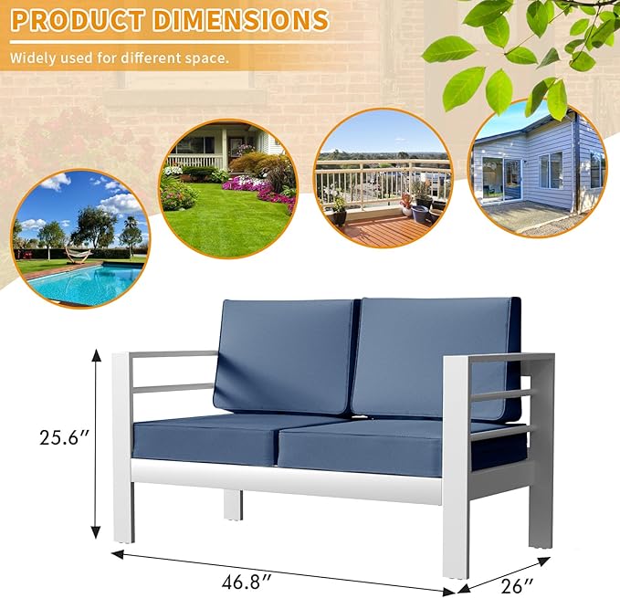 Aluminum Patio Set, 3-Seat Outdoor Furniture Set with 5 Inch Cushions, Patio Furniture Sets with Waterproof Covers for Backyard Garden(White&Blue)