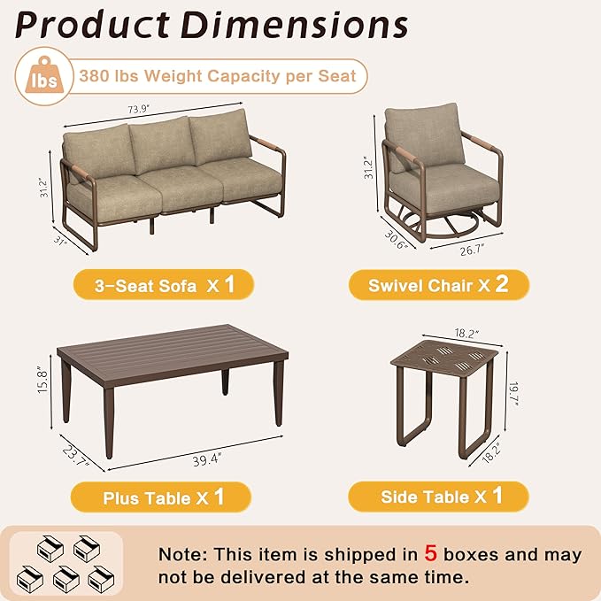 5-Piece Outdoor Aluminum Patio Furniture Set, All-Weather Patio Conversation Set with 2 Swivel Rocking Chairs, 3-Seat Sofa & Rectangular Coffee Table for Pool, Garden, Balcony – Brown