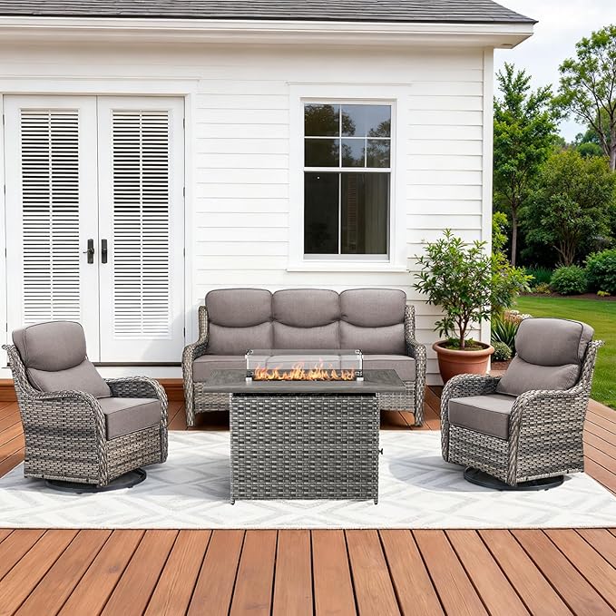 Luxury High Back Patio Furniture Set with Fire Pit Table & 6-Inch Thick Cushions, 4-Pieces Outdoor Furniture with Swivel Chairs, Wicker Conversation Set for Porch, Balcony, Deck and Yard, Grey
