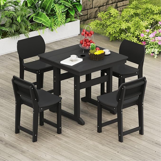 5-Piece HDPE Outdoor Patio Dining Set (Includes 1 Square Table and 4 Chairs) (All-Weather, Easy to Assemble, Umbrella Hole, 10+ Years of Lifespan) - Black