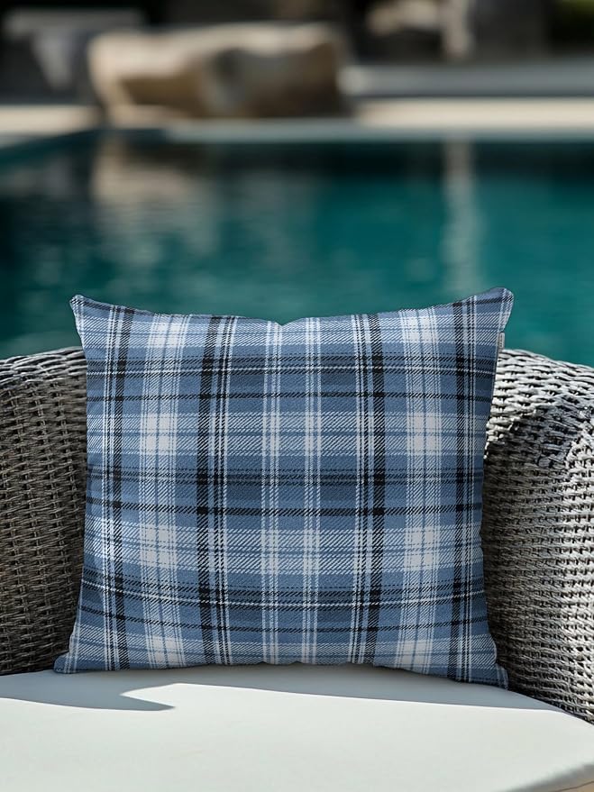 Waterproof Outdoor Pillow 1 Pack Blue Checked Plaid Decorative Throw Pillows Cover & Insert 18x18 Inch Pillowcase Stripes Woven Grid Square Pillows for Couch Sofa Bed Patio Furniture Indoor Outdoor