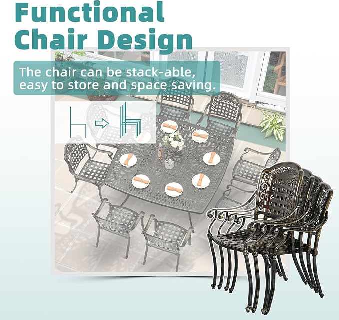 MEETWARM 9-Piece Outdoor Furniture Dining Set for 8, All Weather Cast Aluminum Patio Dining Set- Large 64" Square Table and 8 Chairs, Patio Table and Chairs Set for Garden, Umbrella Hole, Dark Bronze