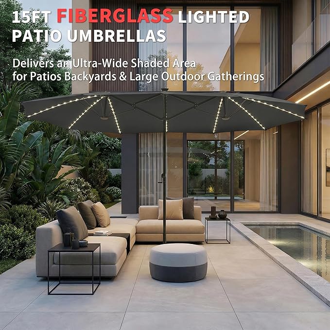 15FT Large Double Sided Patio Umbrella, Fade Resistant Outdoor Umbrellas with Fiberglass Ribs, Solar Panel, LED Lights & USB Charging, Rectangular Market Umbrella with Aluminum Crank for Poolside, Deck, Patio, BBQ, Garden, Dark Gray