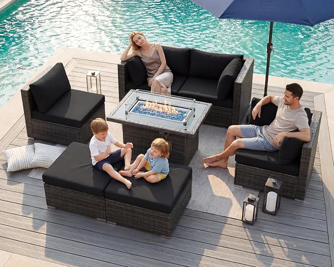 BULEXYARD 7 Piece High Back Outdoor Sectional Set with Fire Pit Table, Wicker Patio Furniture Set Weather-Resistant, Modular 6-Person Couch Sofa Comfortable Wide Deep Seats for Backyard, Grey & Black