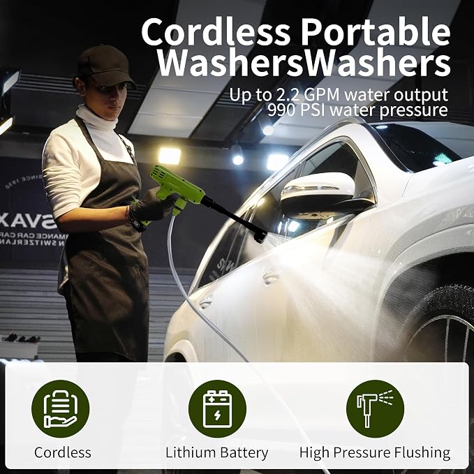 Cordless Pressure Washer,1200PSI Portable Power Washer with 4Ah Battery&Charger,6-in-1 Nozzle,5 Meter Hose,Handheld High-Pressure Car Washer for Cars/Yard/Home/Floor (Green)