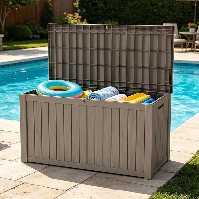 LAUSAINT HOME 180 Gallon Resin Deck Box for Outdoor Storage, XXL Waterproof Patio Storage Bench with 1200lb Weight Capacity, Large Lockable Toy Box for Porch, Poolside and Backyard (Light Brown)