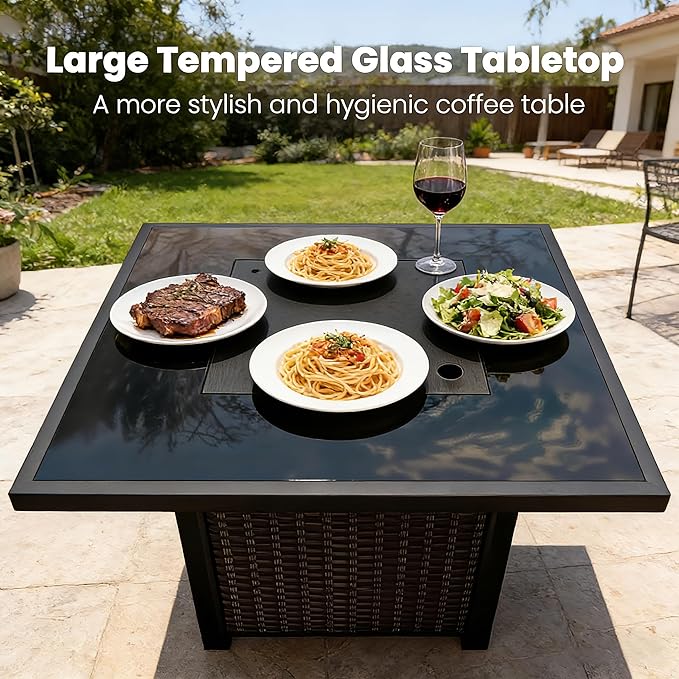 28" Square Fire Pit Table, Outdoor Propane Gas Firepit with Lid & Glass Wind Guard, 50,000 BTU, CSA Listed, Brown Wicker Rattan for Patio, Garden, Backyard, Deck