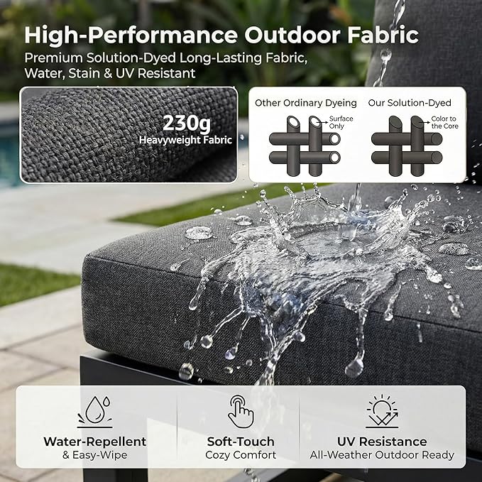 NICESOUL 9 Piece Luxury Aluminum Outdoor Sectional Sofa with Chaise Lounge & Firepit, Large Modular Patio Furniture Set, 29" Deep Wide Seating, 500 lbs Heavy Duty Conversation Set for Deck, Dark Gray
