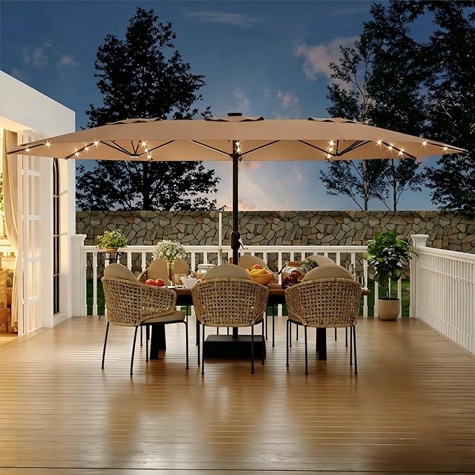 Garvee 15FT Rectangular Patio Umbrella with Solar Lights & Base Included - Large Patio Umbrella with Crank Handle 48 LED Lights, UV Protection for Outdoor Market, Backyard, Deck, Poolside, Khaki
