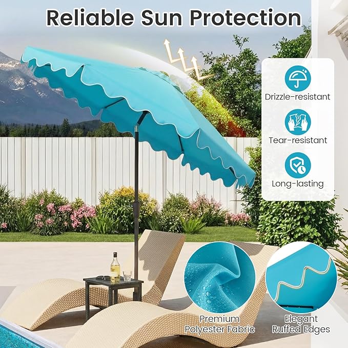 Tangkula 9 FT Solar Patio Umbrella with Base Included, 2-Tiers Outdoor Scalloped Table Umbrella with 32 LED Lights, 2 Sandbags, Tilt Adjustment, Crank, 8 Ribs for Market Backyard Pool Deck Beach Lawn