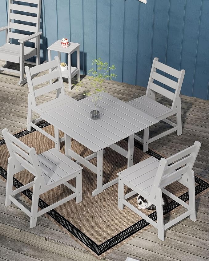 GREENVINES 5-Piece-Outdoor-Dining-Set | HDPE | Square | Patio Furniture | All Weather | Armless Chair | Slatted Table and Chairs Sets for 4 | for Backyard Poolside Garden | White