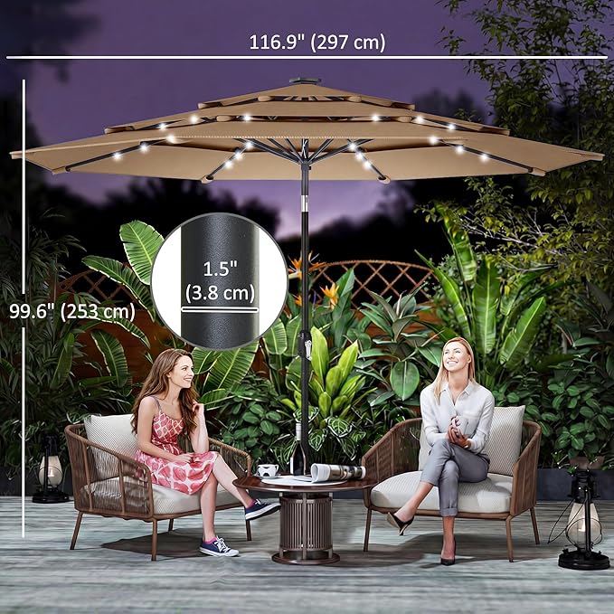 Outsunny 9.7 ft Outdoor Patio Umbrella with 32 Solar LED Lights, 3 Tier Outdoor Table Market Umbrella with Tilt and Crank, 8 Ribs for Garden, Deck, Yard, Poolside