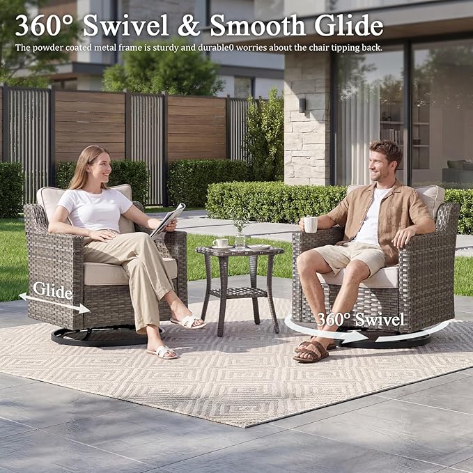 Luxury Patio Furniture sofa Set - 9 Pieces All Weather Wicker Outdoor Couch and High Back Swivel Rocker Patio Chairs with Side table&footstools for Deck Yard and Poolside Gray Wicker | Beige Cushions
