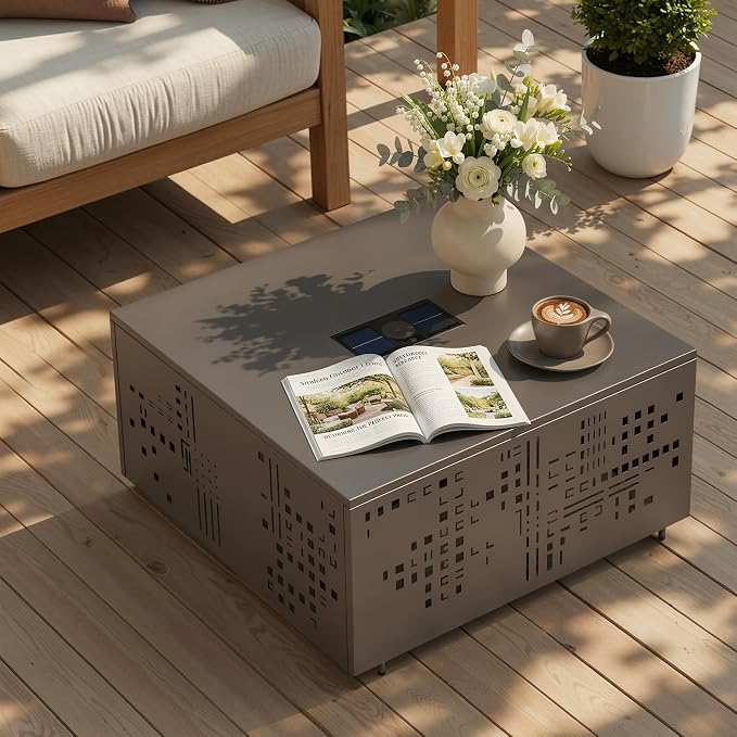 CAODOC 27" Square Outdoor Coffee Table with Umbrella Hole & Solar Light, Rust-Proof Metal Patio Table, Small Minimalist Low Accent Table for Living Room, Balcony, Deck, Backyard, Gray