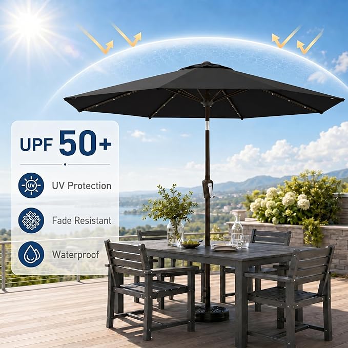 10FT Solar Patio Umbrella with Lights, Outdoor Table Market Umbrella with 32 LED Lights, 8 Sturdy Ribs, Push Button Tilt and Crank for Pool, Deck and Garden, UV-Resistant