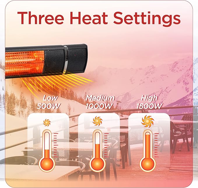 BLACK+DECKER Wall Mounted Infrared Patio Heater for Outdoor Use, 1500W Electric Heater with 3 settings, Space Heater with Remote Control, Heats Up To 160 Sq. Ft., BHOW03R, Black