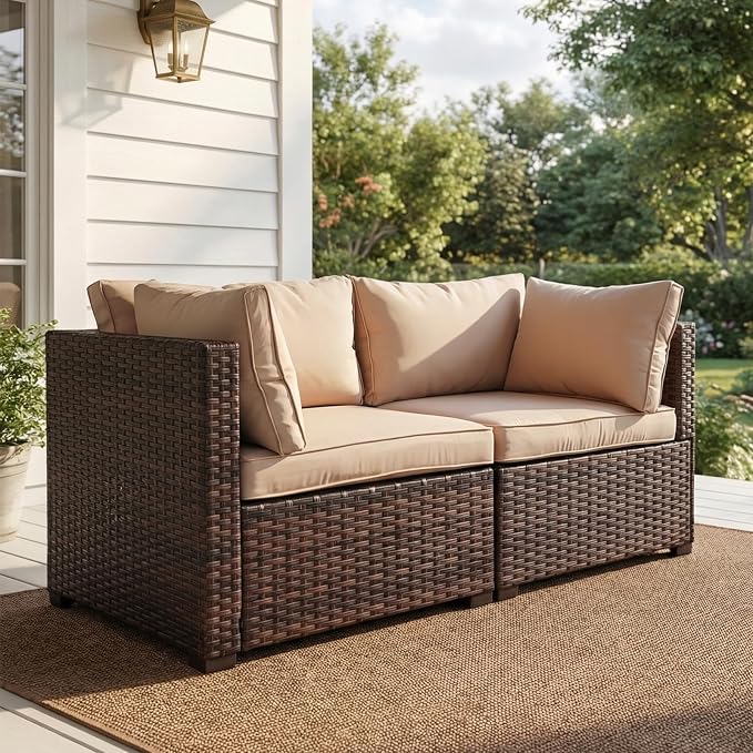 2 Pieces Patio Furniture Set, Outdoor PE Rattan Sectional Sofa with Soft Cushions for Backyard, Porch, and Poolside (Beige, 2 PCS)