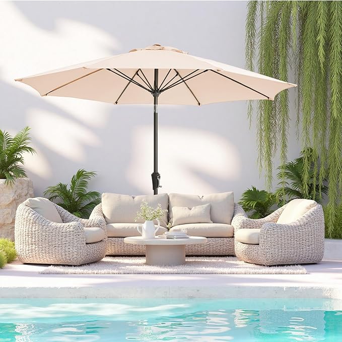 9FT Large Outdoor Patio Umbrella Pool Market Umbrella-UV Resistant, Easy Push Button Tilt and Crank, 8 Sturdy Ribs Heavy-Duty Table Umbrella for Deck, Backyard,Garden (Beige)